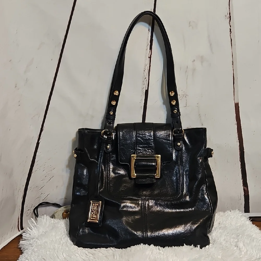 Badgley Mischka Black Patent Leather Tote Bag Gold Buckle Shoulder Bag